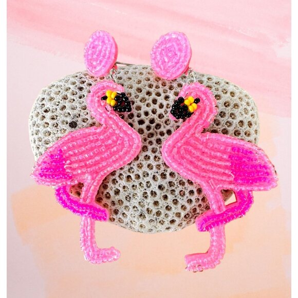 Flamingo Earrings Beaded Dangle Post Pink Statement Jewelry New Caribbea… - Picture 1 of 12